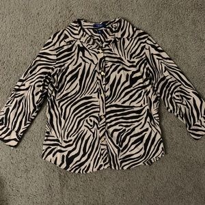 Chaps Large Brown & Black Zebra Printed 3/4 Sleeve Button Up Shirt